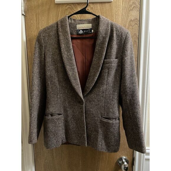 Vintage Liz Claiborne Wool Blazer Heather Brown 1 Button with Pockets Size 10 - Picture 1 of 12
